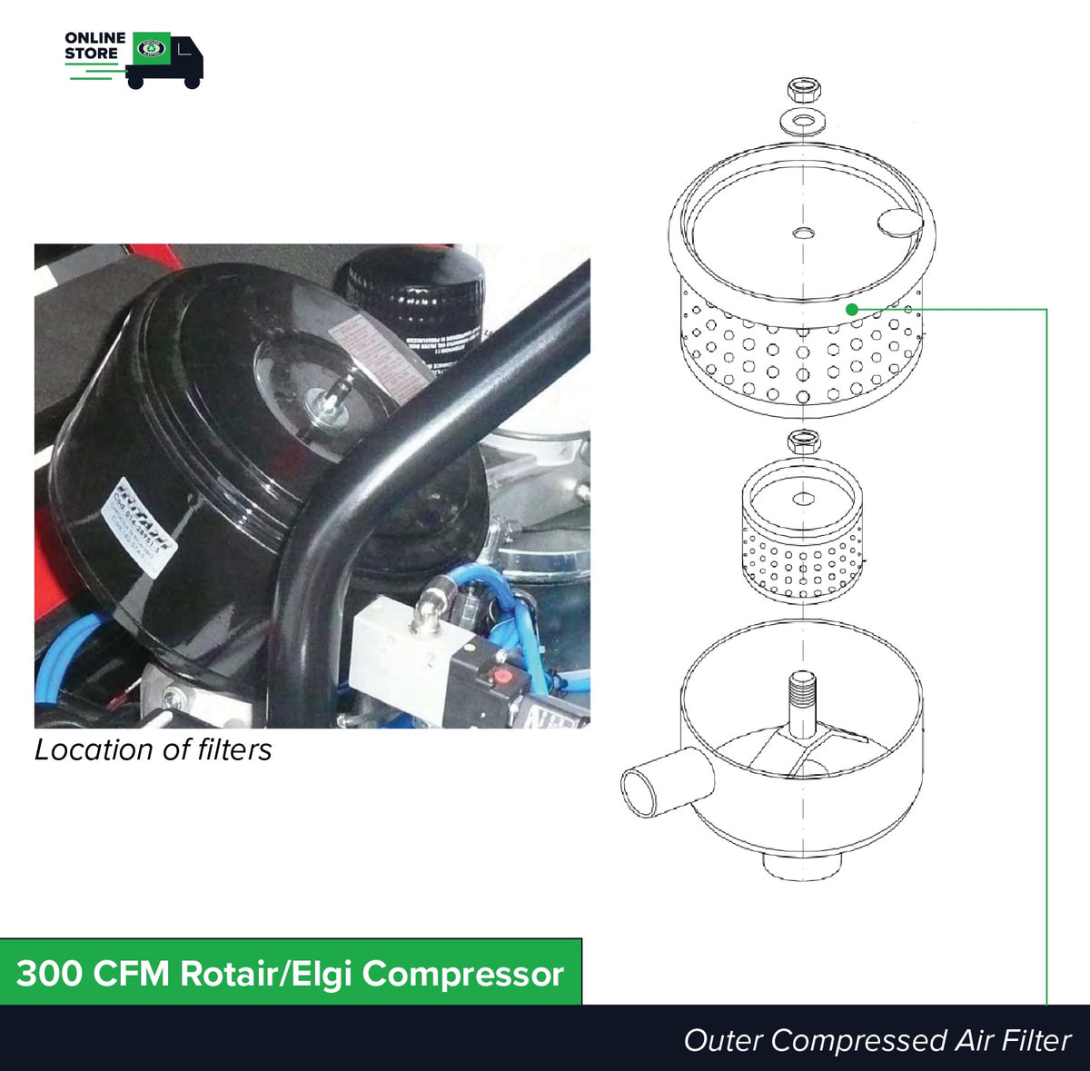 First Stage / Outer | Air Filter | 300 CFM Rotair/Elgi Compressor -